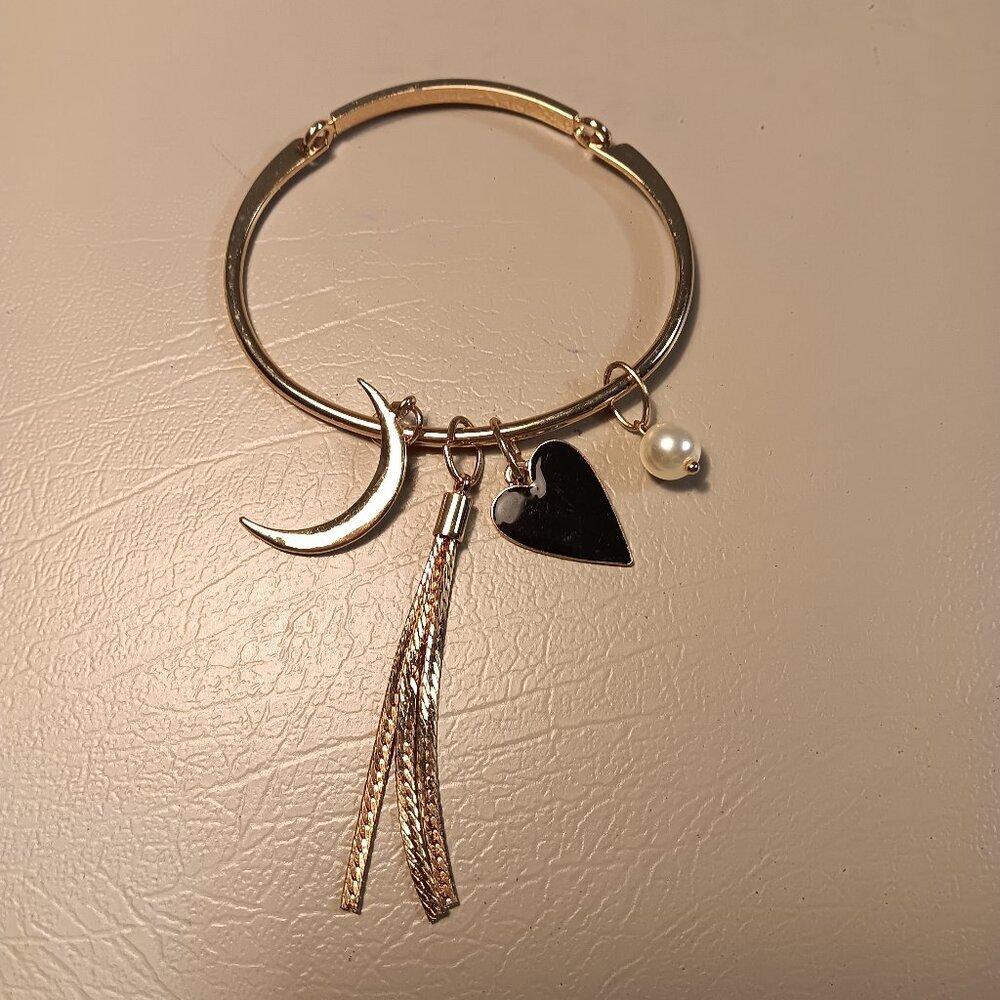 4 dangle charms bangle bracelet - heart, moon, faux pearl, tassel